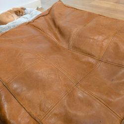 Large Square Brown Leather Ottoman Pouf (Hand Stitched)