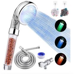 LED Shower Head with Handheld, High Pressure Shower Head with Hose, Holder & PTFE Tape etc, 3 Water Temperature-Controlled Water Saving Filtered Showe