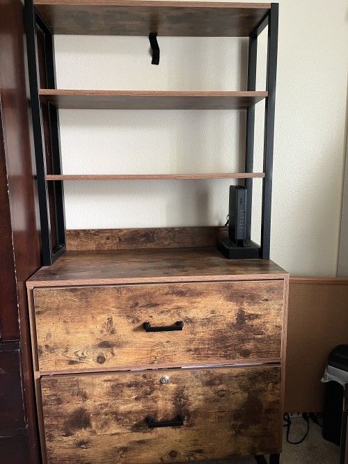 Lateral File Cabinet with 4-Tier Tall Storage Bookshelf, 2 Drawers with Lock