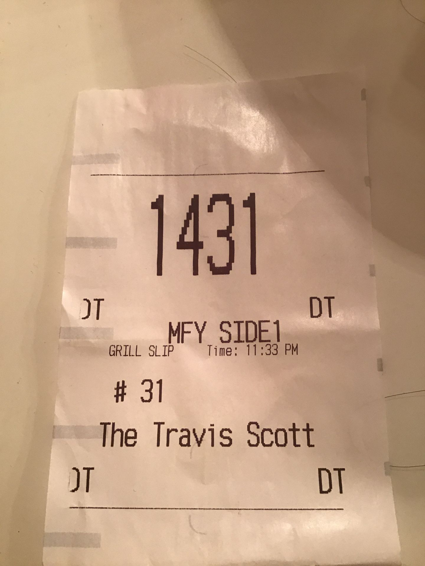 Travis Scott Burger receipt