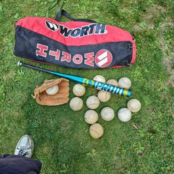 Softball package thirty four inch thirty ounce, softball bat glove bag i and balls