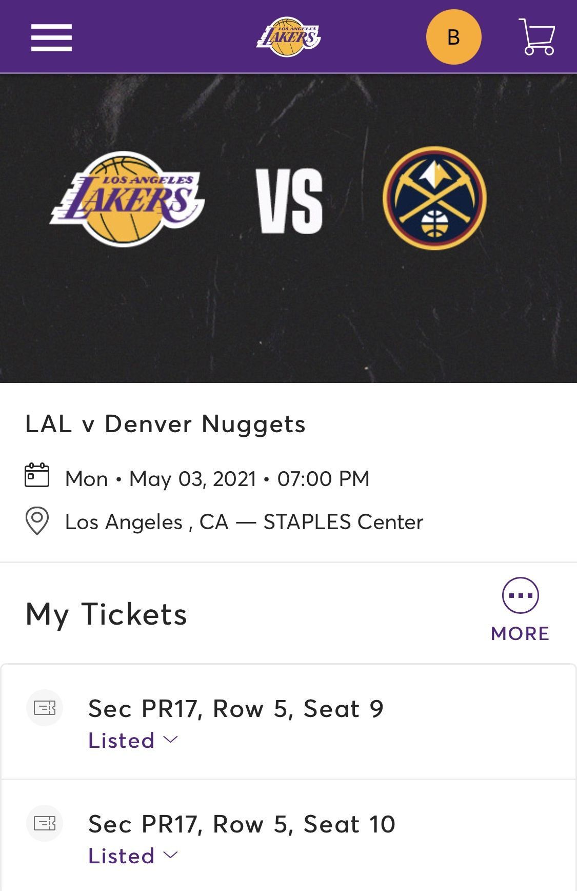 2 Nuggets vs Lakers Tickets 5/3 Premier PR 17 Row 5 + Parking(will Be Screenshot Of Tickets At This Point As Tickets Are Unable To Transfer After 3pm)