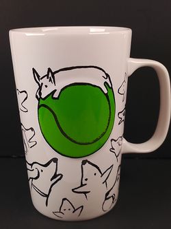 STARBUCKS 16 Oz Doodle Dogs With Raised Green Tennis Ball  COFFEE TEA MUG (2015)