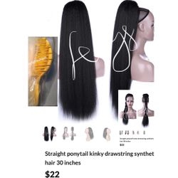 Straight ponytail kinky drawstring synthetic hair 30 inches, Brush & Freebies