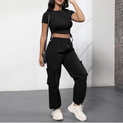 Women's 2 Piece Outfits Sets Casual Short Sleeve Crop Top and Cargo Pants Sets with Pockets