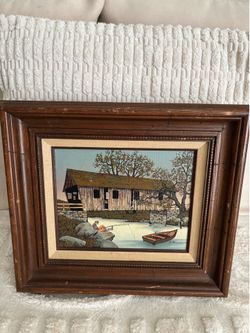 H. Hargrove Framed Realism Acrylic Painting of Barn, Boat, Landscape on Canvas