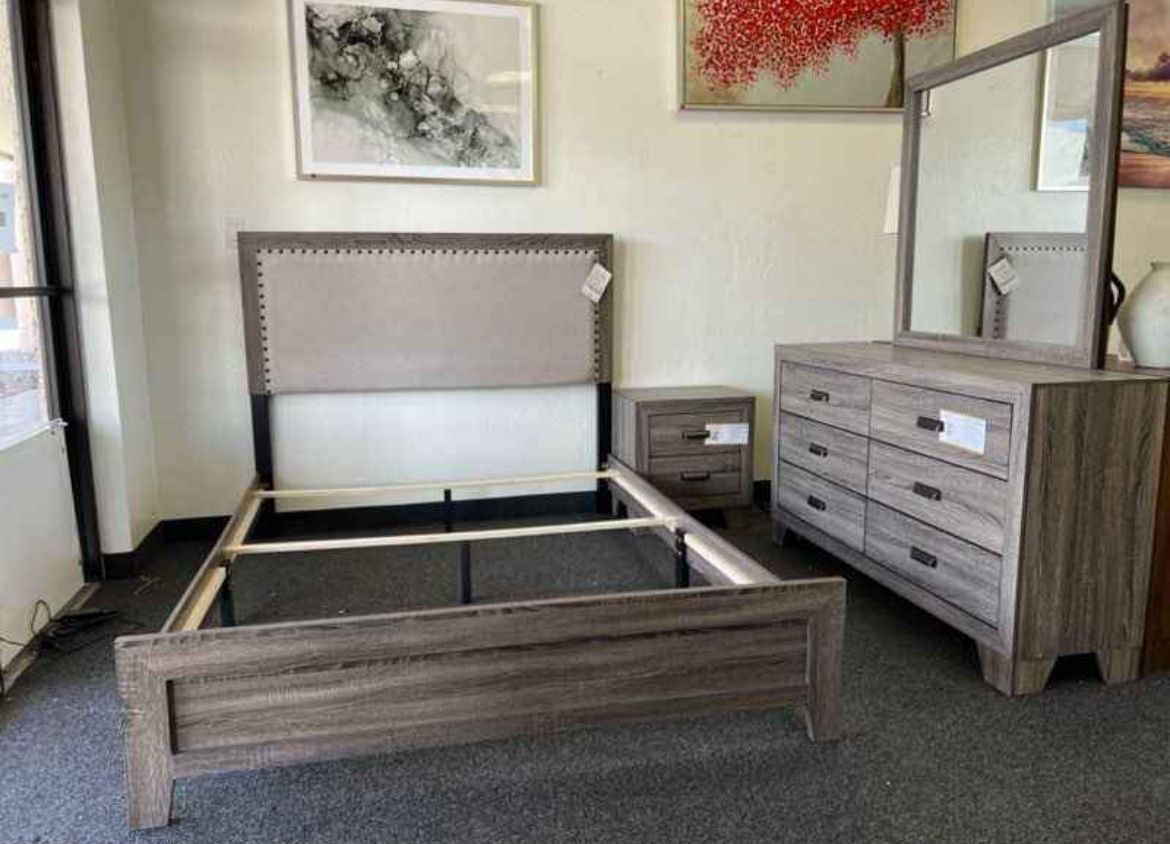 King Grey Tan Upholstered Bed Set