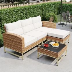 Patio Furniture Sets 4 Pieces Outdoor Sectional Sofa White All-Weather Rattan Wicker Sofa Small Patio Conversation Couch with Washable Cushion and Gla