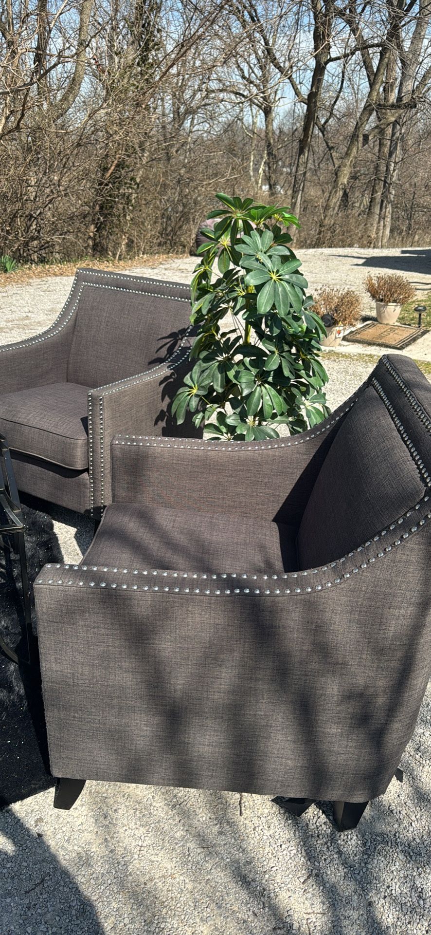 Lovely, Chrome Nailhead Trim Accent Chairs, Gray , With Matching Ottoman