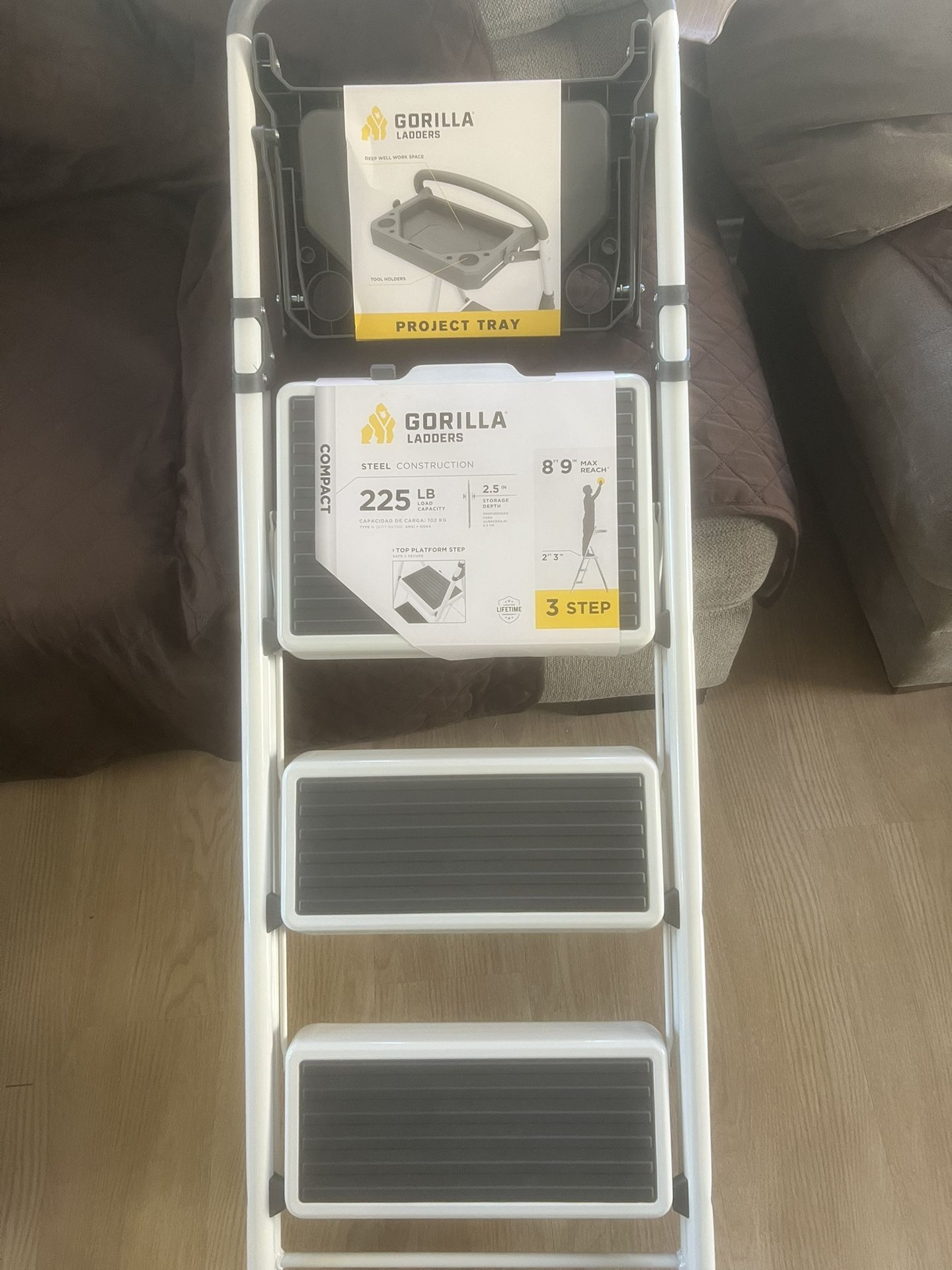 3-Step Steel Lightweight Step Stool with Project Tray, 225 lbs. Load Cap. 