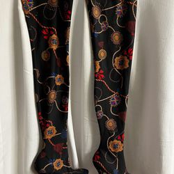 Zara Woman Thigh High Heel Chain Printed Fabric Boots