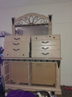 Dresser with Mirror and Ornate Metal Accents