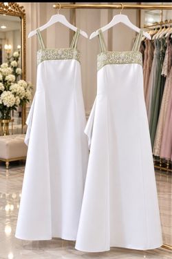 White Maxi girls Dress with Sage Green Embroidered Band