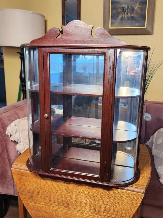 Vintage Curved Glass Wall Hanging Curio Cabinet
