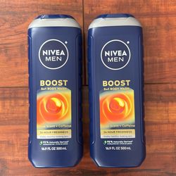 Nivea Men BOOST 3 In 1 Body Wash; 24 Hr Freshness: CITRUS Scent + CAFFEIN;  16.9 oz Each ( 2 For $8)