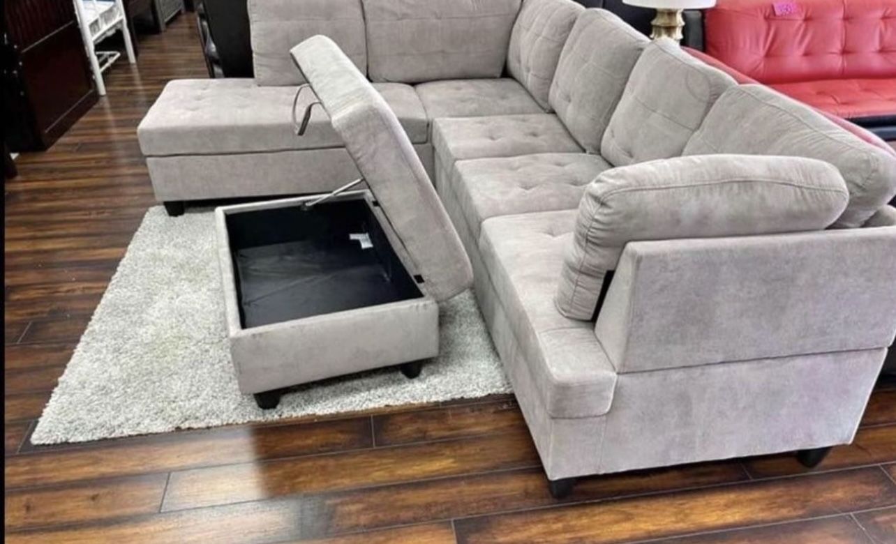 COSTCO Grey Chenille Sectional Couch And Ottoman