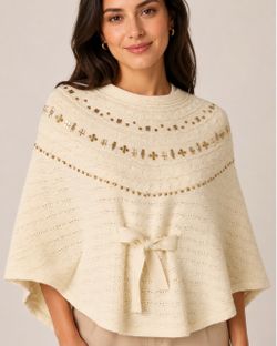Doce de Coco Brazil Cream Knit Poncho Cape Gold Studded OS