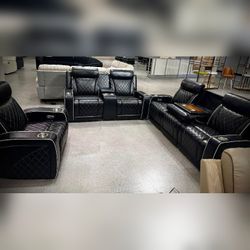 3PC Black Leather power recliner sofa set with LED USB Wireless chargers