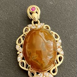 Agate Pendant With Mossanite&Ruby Gemstones