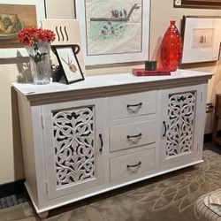 Boho White Lace Carved Wood Dresser 64" x 36" x 19"