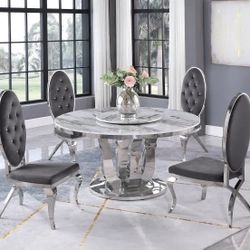 5 PCS Zaz Collection White Marble Lazy-Susan Dining Set, Table Base and Chairs in Stainless Steel-available in 5 colors Now 2549.00 Free Delivery 🚚 