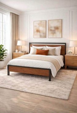 Full bed Metal Platform Bed Frame with Wooden Headboard and Footboard