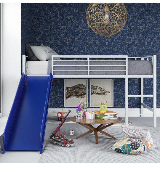 Twin Metal Loft Bed, Silver with Blue Slide

