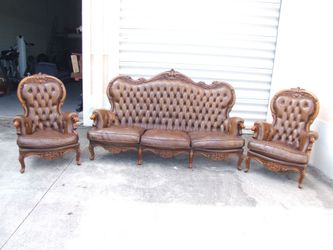 1890s Louis XV Italian Leather Sofa and 2 Armchair Set