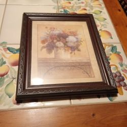 Decorative Framed Wall Hanging Art Picture Of Bouquet Of Flowers In A Pot On A Shelf 