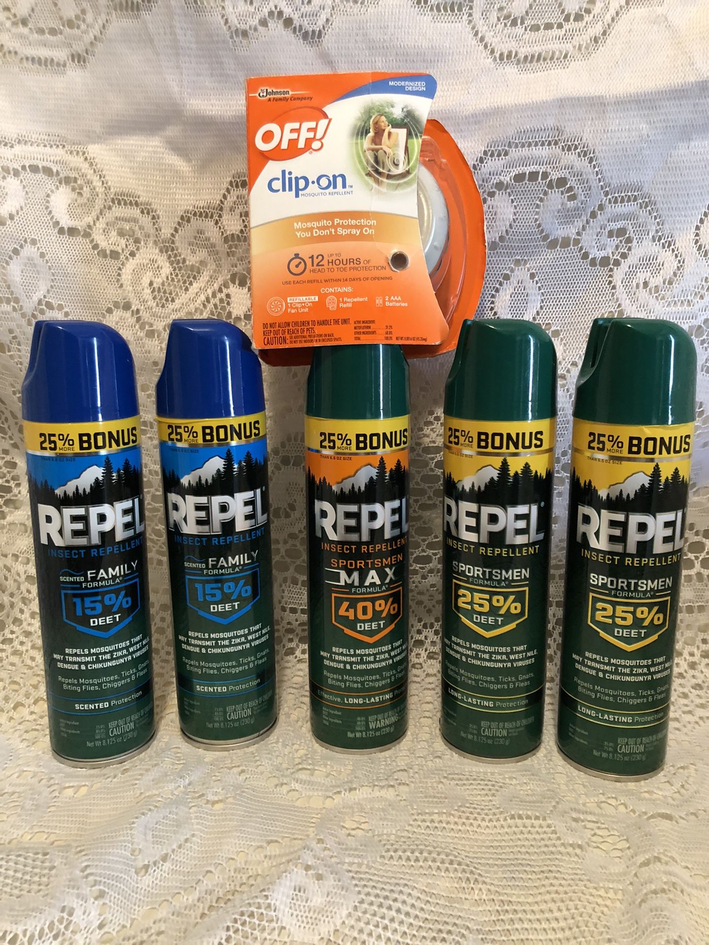 Outdoor repellent, spray and clip on.