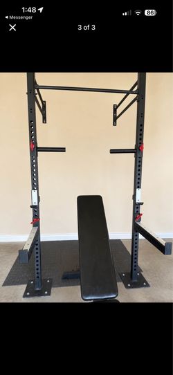 Commercial 3x3 wall-mounted squat rack / rig bay — 99” uprights, 42” crossmembers, 1” holes