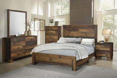 4PC QUEEN BEDROOM SET: QUEEN BED FRAME, DRESSER, MIRROR, NIGHTSTAND