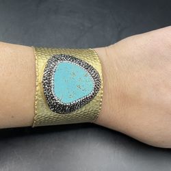 Large Boho Gold Hammered Cuff Bracelet Turquoise Stone Crystal Pave Border 