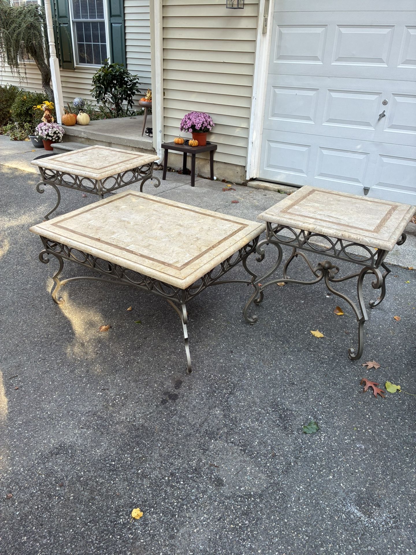 Scrolled Metal, Marble Top ,Coffee Table, And End Tables