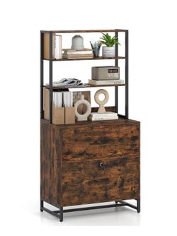 New Costway 2 Drawer Vertical Bookshelf Dresser Cabinet w/Lock & Open Shelving in Walnut Finish