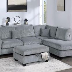 Corduroy Sectional Sofa With Ottoman Storage And Usb Charging Port