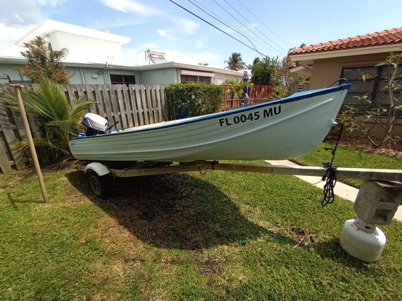 12 Ft Jon Boat Solid. With Trailer And 15 Horsepower Nissan Tiller for