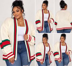 Cream Striped Open Front Knit Cardigan