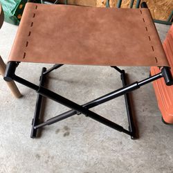 Folding Leather Sling Ottoman With Metal Base