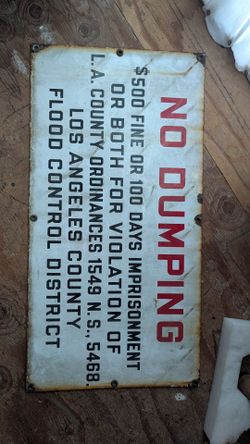 Vintage Porcelain No Dumping Sign Los Angeles Sign Flood Control LA county display signage man cave garage decor bathroom novelty