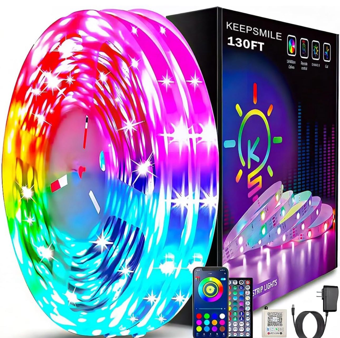 NEW 130 Ft Led Strip Lights (2 Rolls of 65ft) Bluetooth Smart App Control RGB Remote Music Sync Color Changing for Bedroom