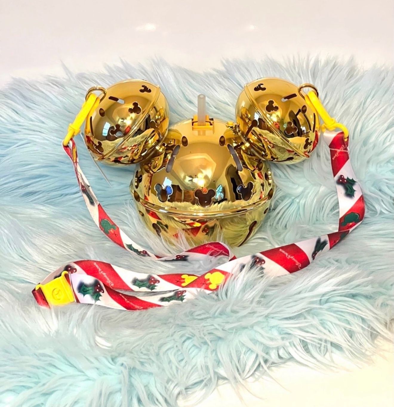 Disney Christmas Mickey Head Jingle Bell Light Up Gold Sipper w/ Strap