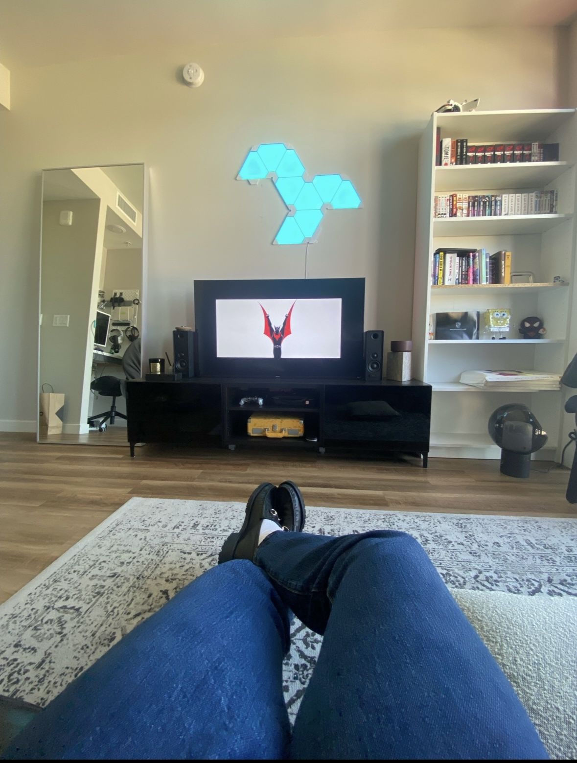Black TV Stand W/ Glass Door Paneling For Sale 
