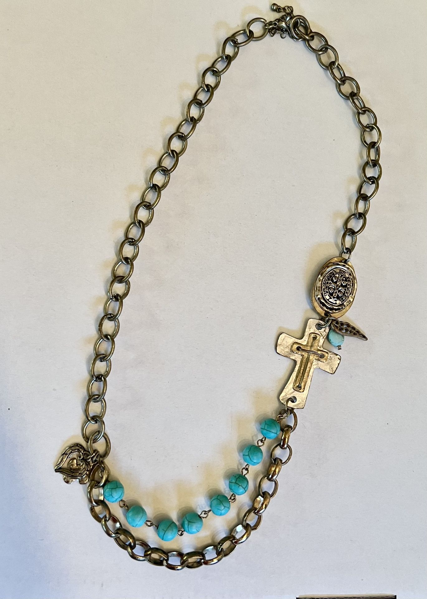 Turquoise and chain necklace with cross and charms 25 inches