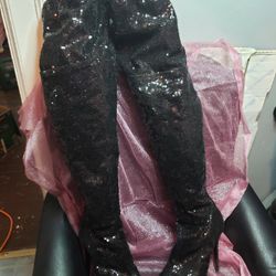 Black Thigh High Sequins Boots