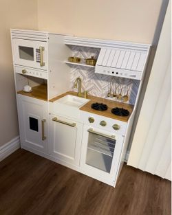 Brand New Wooden Play Kitchen + Island – White & Gold