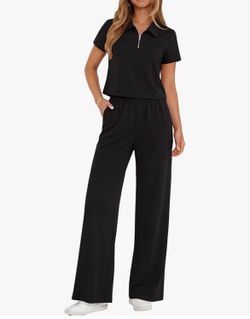 Women's Size Large 2-Piece Outfit - Half-Zip Collared Top and Pants with Pocket, Black, NEW