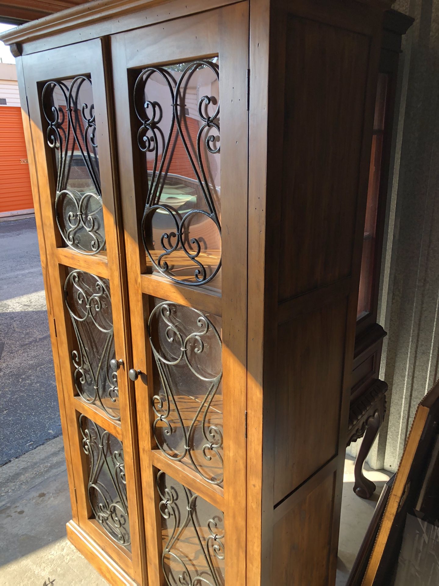 Pier 1 Solid Wood Cabinet with Wrought Iron Doors, 3 Fixed Shelves and Wine Glass Holder