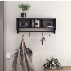 Wall Mounted Shelf with Coat Hooks and Baskets, Solid Wood Entryway Organizer Wall Shelf with Hooks - Hang Coats, Keys or Coffee Mugs, Blackwash 24" W