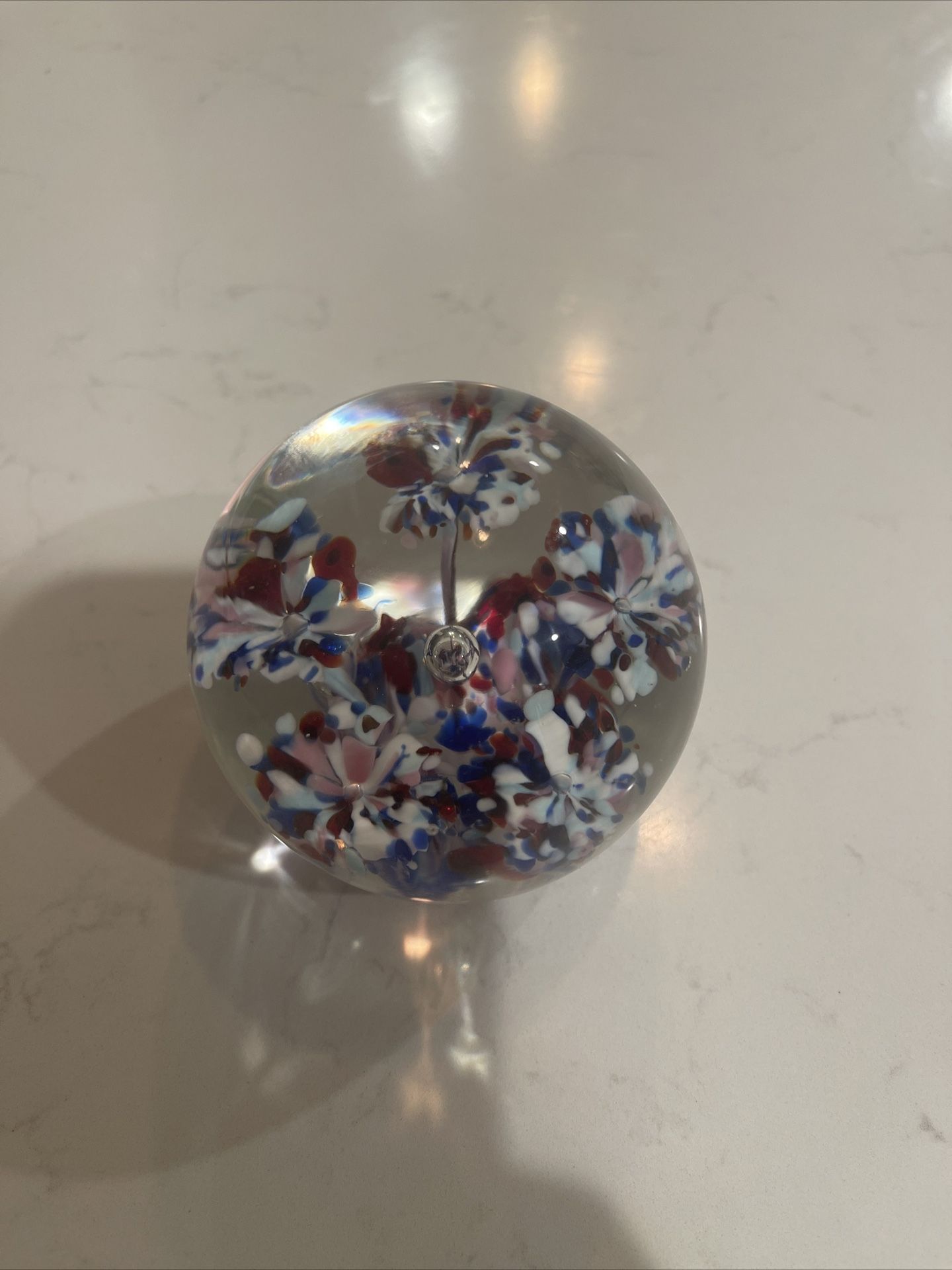  Glass Red, White & Blue Flower Paper Weight